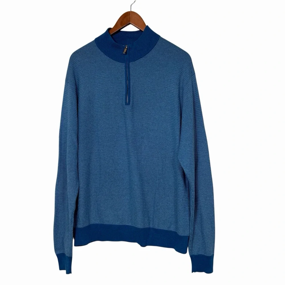 Peter Millar Mens XL 1/4 Zip Sweater Blue Cotton Silk Blend Pullover Golf Luxury